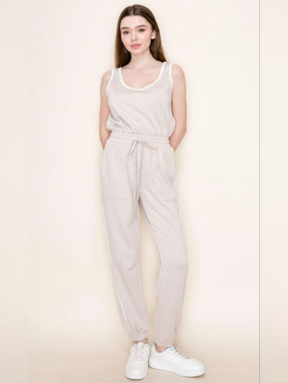 white birch Cream Drawstring Tank Jumpsuit